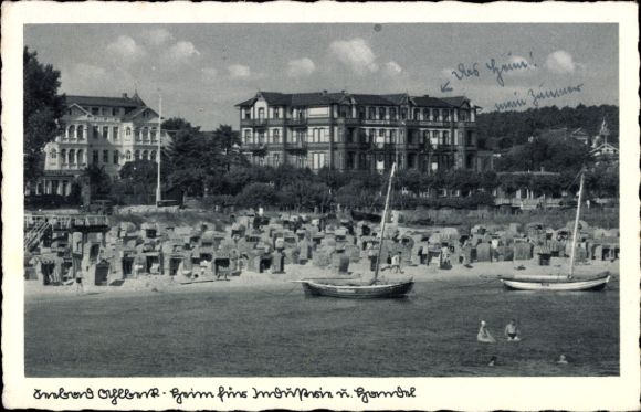 Postcard Ostseebad Ahlbeck on Usedom, beach, beach chairs, boats, buildings, sunny day