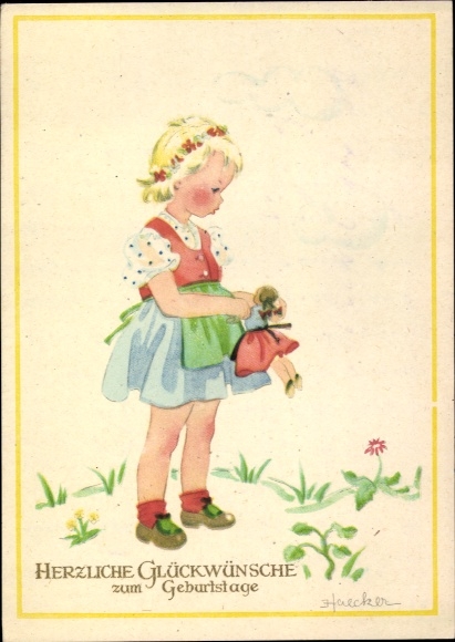Künstler Ak Haecker, Glückwunsch Geburtstag, Mädchen mit Puppe