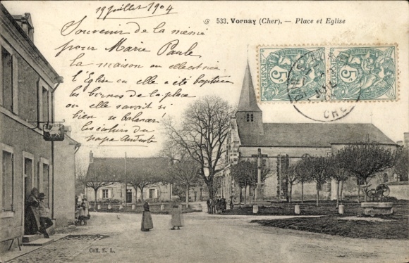 PC Vornay Cher, Vornay, Church, Square, postmark, July 19, 1904
