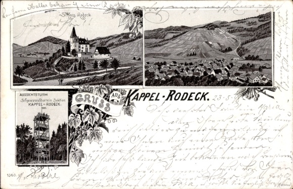 Chromo-Litho Kappelrodeck in the Black Forest, Rodeck Castle, panorama, observation tower