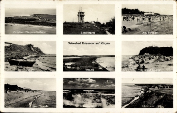Postcard Thiessow on Rügen, beach, pilot tower, Hövt, stormy sea