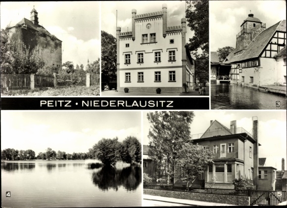 Ak Peitz in Neder-Lausitz, vestingtoren, gemeentehuis, hamermolen, polikliniek, vijver