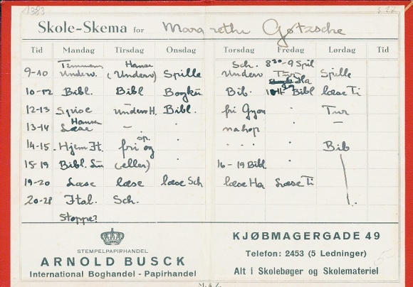 Timetable Arnold Busck, International Paper and Book Trade, Skole Skema