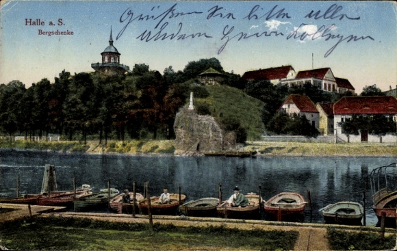 Postcard Halle an der Saale, Bergschenke, boats on the shore