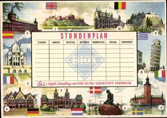 Timetable BIOX-Ultra oxygen toothpaste - European sights around 1960