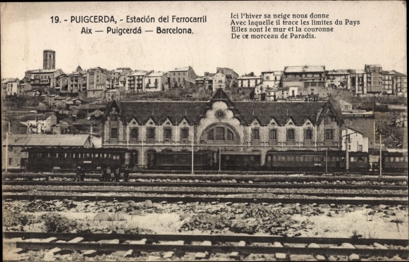 Postcard Puigcerda Catalonia, Estación del Ferrocarril, railway station, passenger train