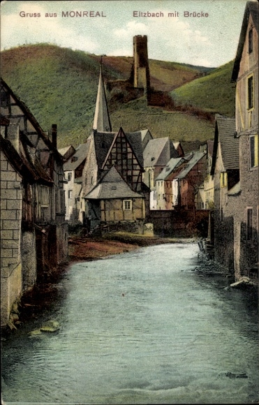 Wyobraź sobie Monreal w Eifel, Eltzbach z mostem, architektura