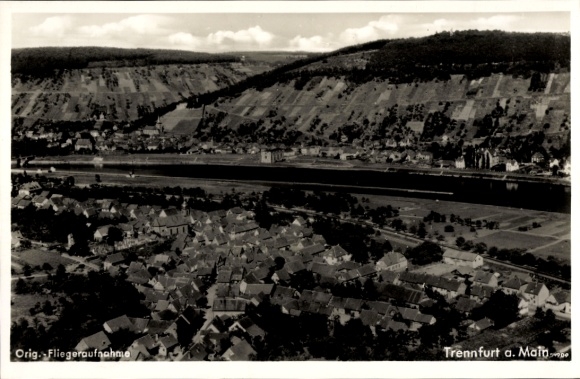 Postcard Trennfurt Klingenberg am Main Lower Franconia, aerial photograph, Trennfurt, hilly shore, river,