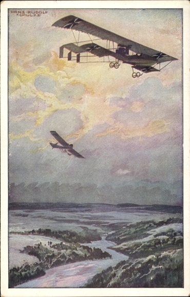 Artist PC Schulze, Hans Rudolf, military biplane on a reconnaissance trip over the Argonne Forest