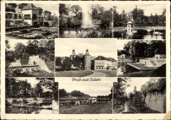 Ak Jülich in Nordrhein Westfalen, Verschiedene Ansichten, Gruß aus  Park, Wasserfontäne, Schloss
