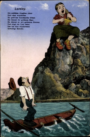 PC St. Goarshausen in the Rhein Lahn district, Loreley, Jungfrau, man in a rowing boat, poem