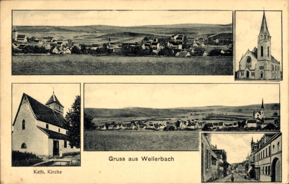 Ak Weilerbach in der Pfalz, Gesamtansicht, Katholische Kirche