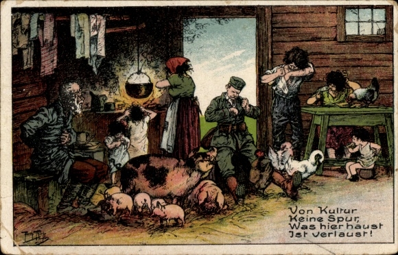 Künstler Ak Thiele, Arthur, Von Kultur keine Spur, Soldat und Bauernfamilie kratzen sich, Schweine