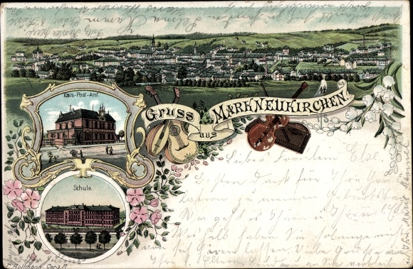 Chromo-Litho Markneukirchen im Vogtland, Markneukirchen, Kaiserl. post office, school