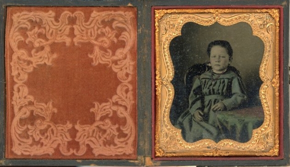 Daguerreotype Photo portrait Gold Frame Antique Velvet, Child on Chair