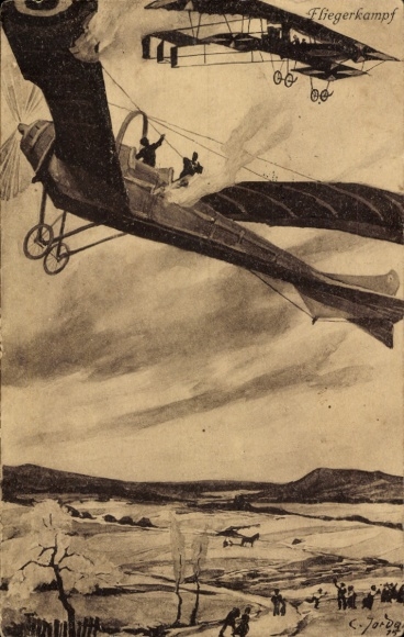 Artist Postcard Air Combat, German Military Aircraft, Battlefield