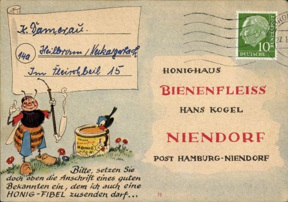 Postcard Hamburg Niendorf, advertising, Hans-Kogel-Honighaus bee diligence, bee, honey pot