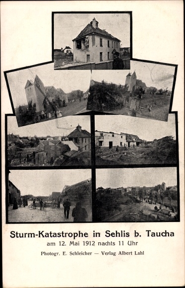 Ak Sehlis Taucha in Nordsachsen, Sturmkatastrophe im Mai 1912, Kirche, Foto. E. Schleicher