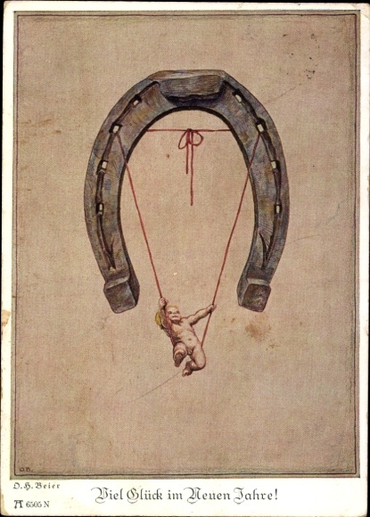 Artist Postcard Beier, Happy New Year, horseshoe, child on a swing