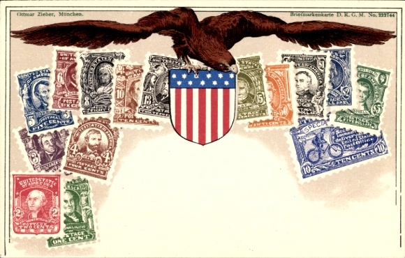 Stamps Coat of Arms Chromo-Litho USA, Eagle, Stars and Stripes, 2 cents