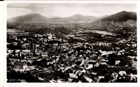 Postcard Bühl in Baden Black Forest, landscape view, city view with mountains in the background