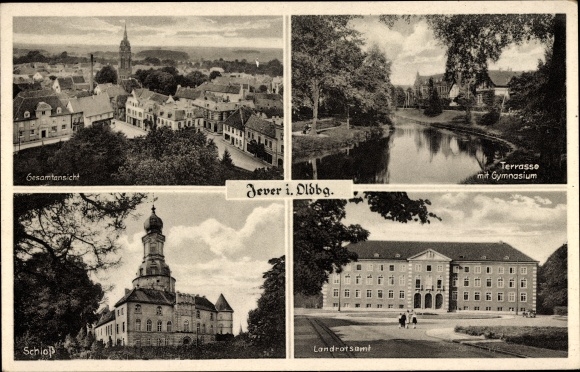Postcard Jever in Friesland, terrace with high school, overall view, castle, district office