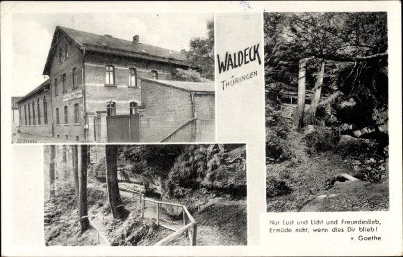 Ansichtkaart Waldeck in Thüringen, herberg bij het oude kasteel, citaat van Goethe, alleen verlangen en licht...