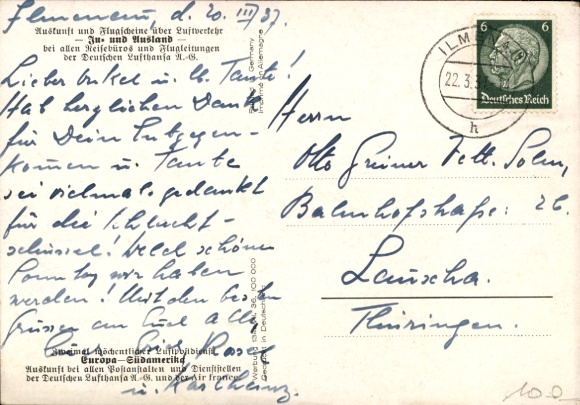Postcard Europe South America in 2 days, airmail service, Lufthansa, Air France, Condor