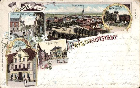 litho Friedrichstadt an der Eider, Hollmertor, Hotel zum Holsteinischen Hause, Hotel Stadt Hamburg