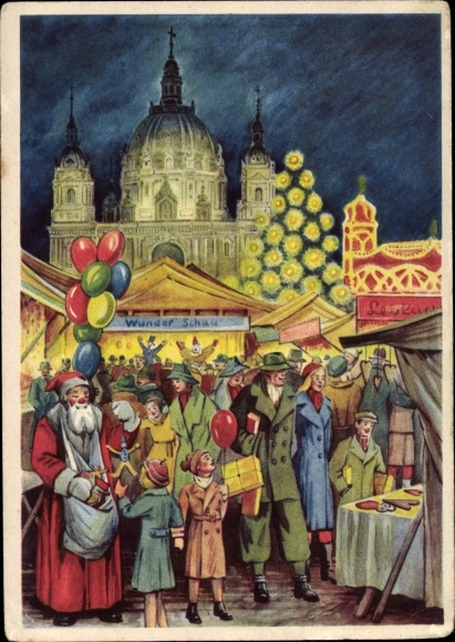 Postcard Berlin Mitte, Christmas market, Berlin Cathedral, Santa Claus