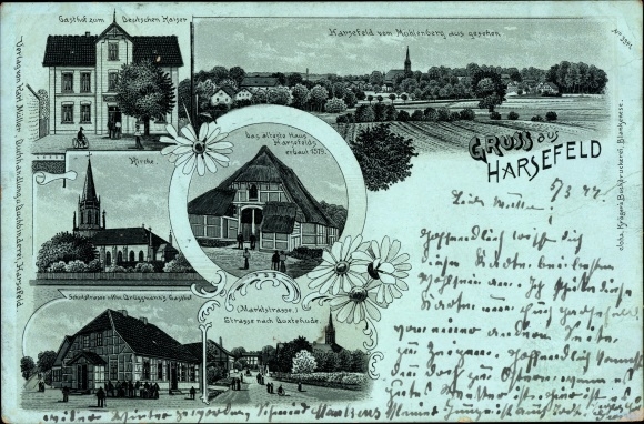 Litho Harsefeld in de wijk Stade, Gasthof zum Deutschen Kaiser, kerk, Brüggmann&#39;s Gasthof