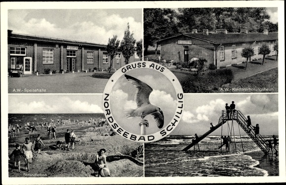 Postcard Schillig Wangerland in Friesland, dining hall, children&#39;s convalescent home, slide, beach life, seagull