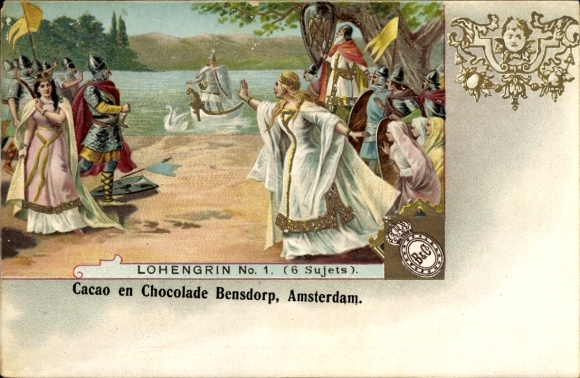 litho Lohengrin, scène, krijger, reclame, chocolade en cacao Bensdorp