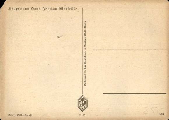 Postcard German Air Force, Captain Hans Joachim Marseille, Knight's Cross, VDA E 52