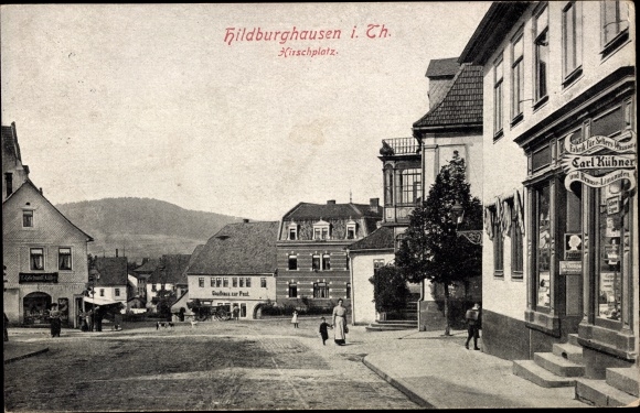 Ak Hildburghausen Thüringen, Hirschplatz, Gasthaus, Limonaden Geschäft Carl Hübner