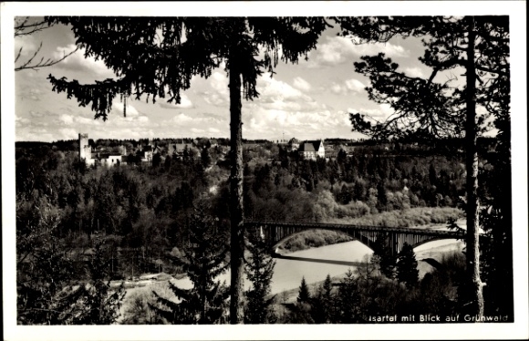 Postcard Grünwald Upper Bavaria, view of the Isar valley, bridge