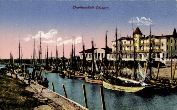 Ak Noordzeebadplaats Büsum, havens, zeilschepen, gebouwen, Noordzeebadplaats, water