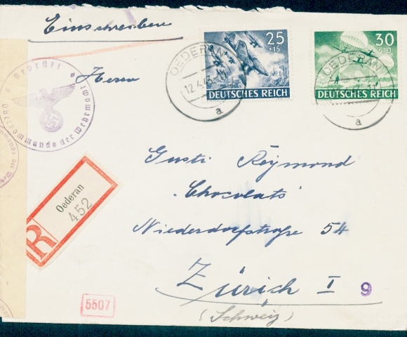 Michel 839&40 on foreign registered letter to Zurich / Switzerland, 12.04.1943