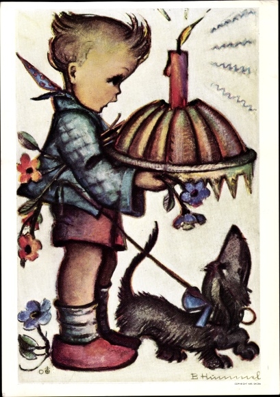 Artist PC Hummel, Berta, no. 14384, boy with dog and cake