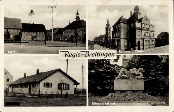 Postcard Regis Breitingen Saxony, market, town hall, church, war memorial