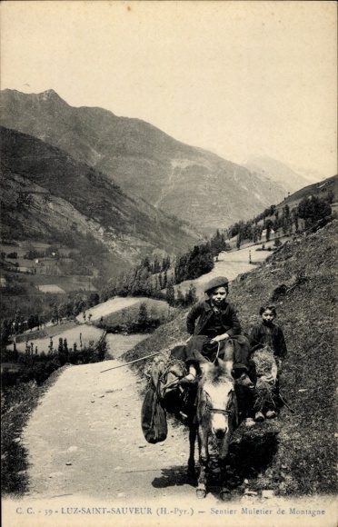 Ak Luz Saint Sauveur Hautes Pyrénées, Berg-Saumpfad, Esel