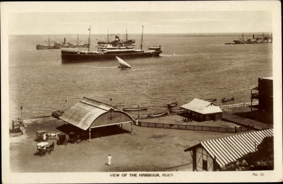 Postcard Aden Yemen, harbor, steamships