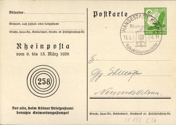 Postwaardekaart Keulen am Rhein, Rheinposta 1938