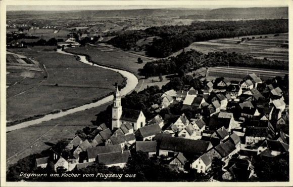 Postcard Degmarn am Kocher Oedheim in Württemberg, aerial view of the river Kocher, church, residential buildings