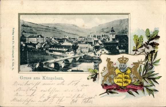 Embossed passepartout coat of arms Postcard Künzelsau am Kocher Hohenlohekreis, overall view