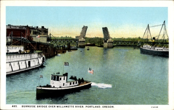 Ak Portland Oregon USA, Burnside Bridge, Willamette River, Portland, Bateau
