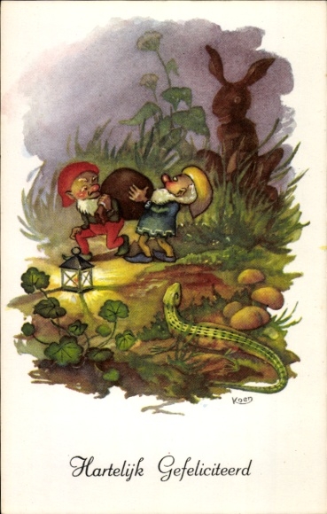 Artist Postcard Koen, Congratulations, Hartelijk Gefeliciteerd, Gnomes, Hand Lantern, Lizard