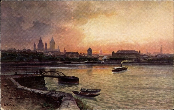 Künstler Ak Astudin, Mainz am Rhein, Panorama, Sonnenuntergang