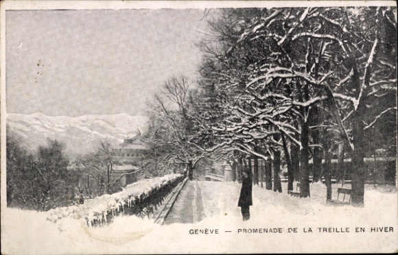 Ak Genf Stadt Schweiz, Schneebedeckte Bäume, Weg, Berge im Hintergrund, Winterlandschaft, Genf