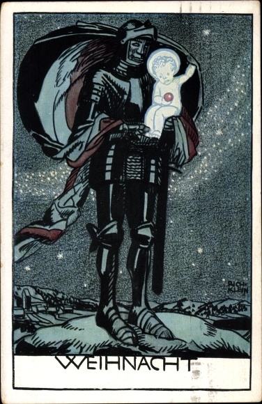 Artist PC Klein, Rich., War Christmas, German knight with baby Jesus, WW1